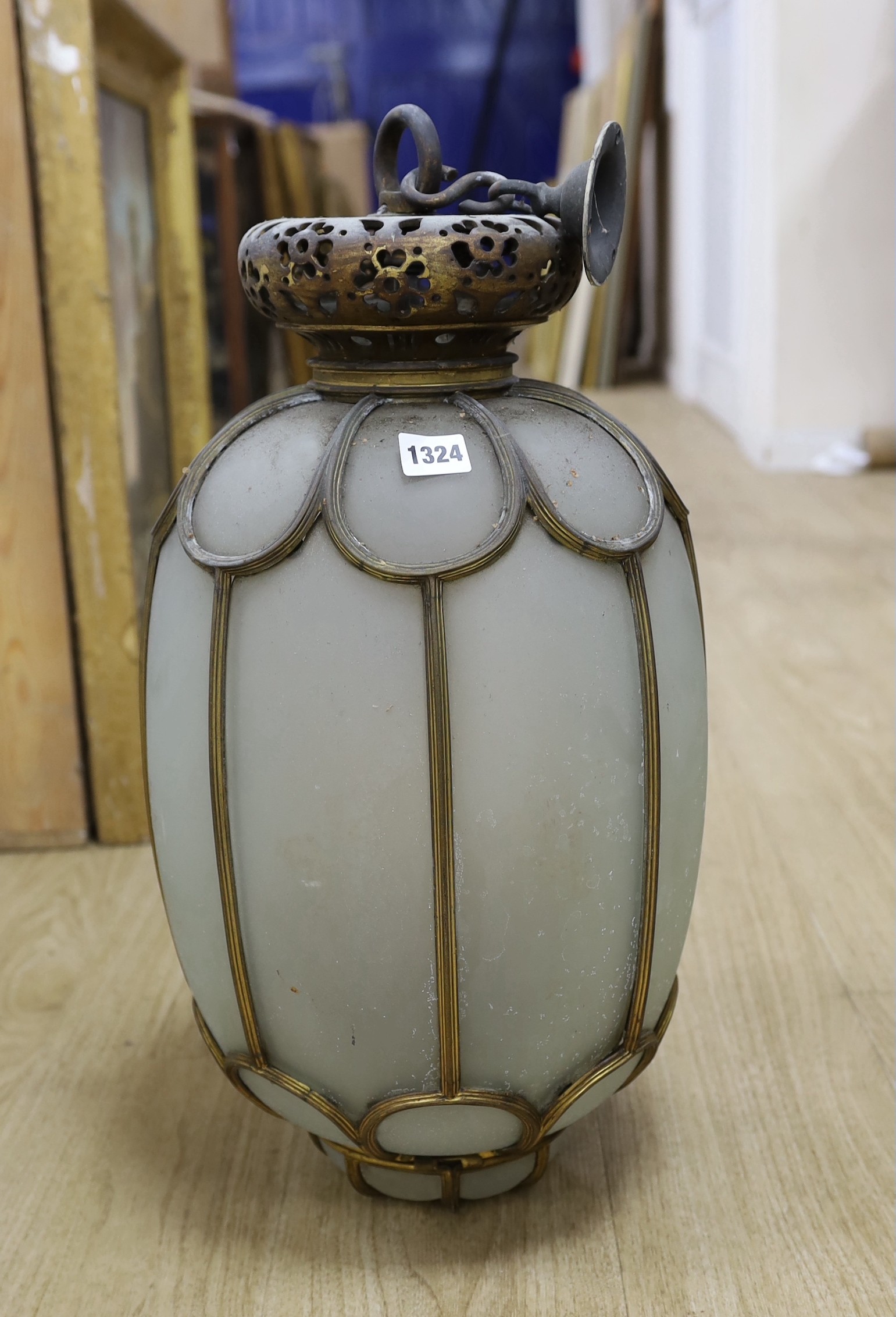 A pair of early 20th century ormolu and frosted glass lanterns, approximately 53cms high